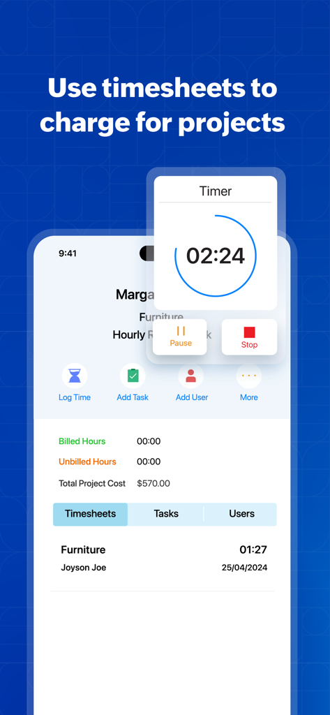Zoho Invoice Maker App - A mobile interface showing the project timesheet and active timer feature in Zoho Invoice