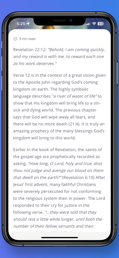Ein mobiler Bildschirm, der einen kurzen Bibelstudienartikel mit Erklärungen zu Versen aus dem Buch der Offenbarung zeigt.