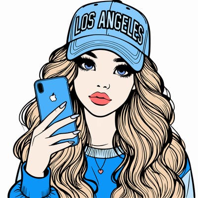 realistic beautiful girl wearing los ángeles cap holding an iphone