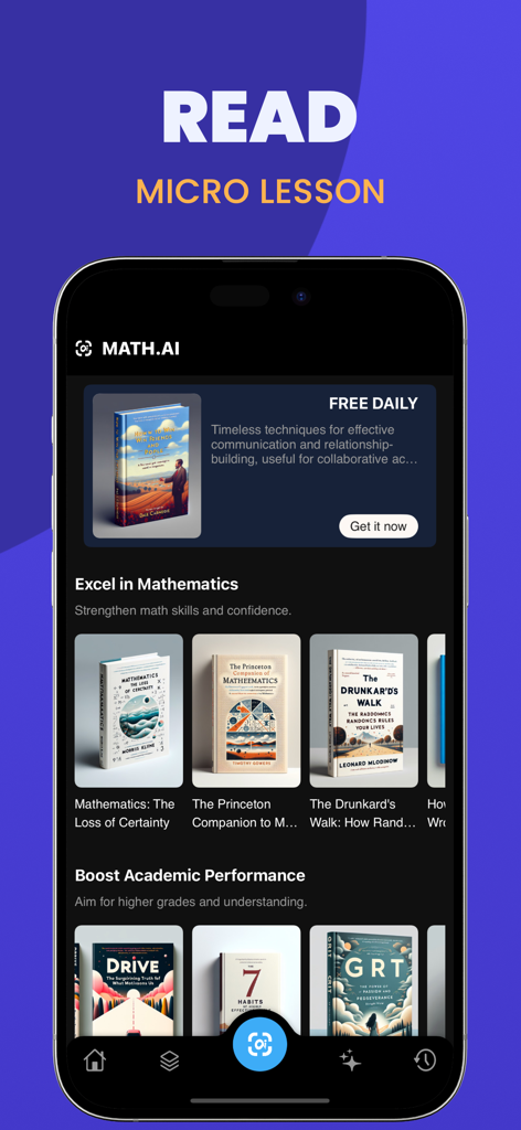Photo Math Solver - Math.AI - Interfaz de la aplicación Math AI mostrando micro lecciones educativas y una biblioteca de libros de matemáticas