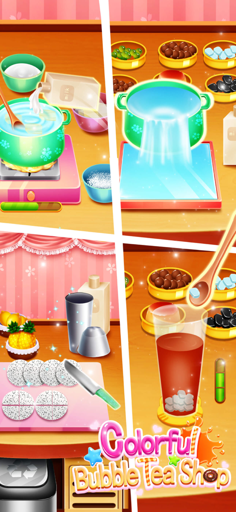 Colorful Bubble Tea Shop - A collage showing various gameplay screens of making bubble tea including boiling ingredients adding milk and cutting dragon fruit