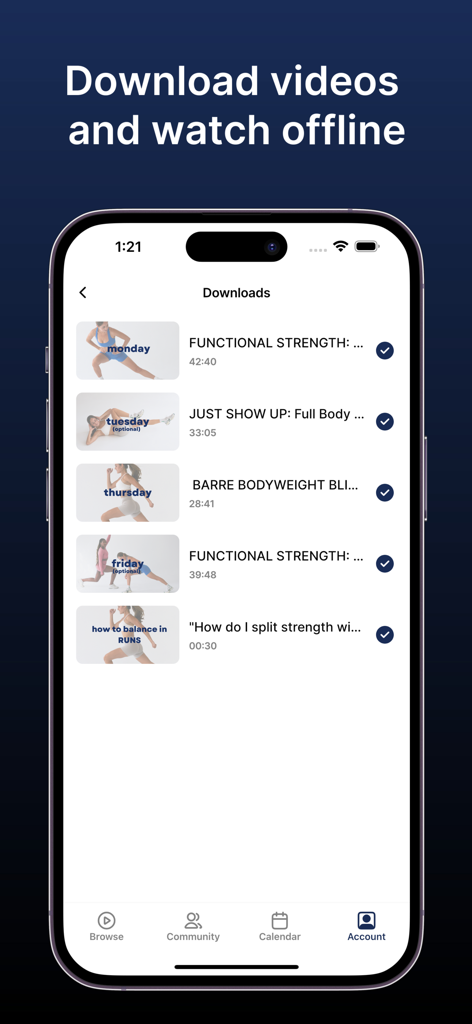 Capable - A smartphone screen displaying the downloads section of the Capable fitness app with a list of workout videos available for offline viewing