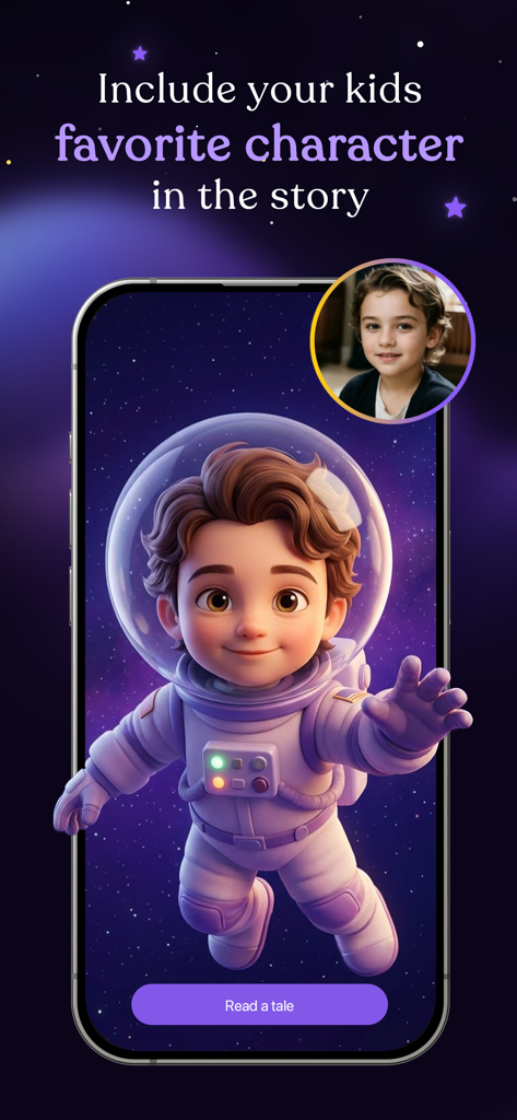 Patmi: AI Storyteller for Kids - Smartphone screen showing a personalized AI astronaut character created from a childs profile photo for a custom story