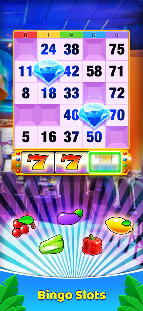 Bingo 365 - 2026 Bingo Games - Gameplay-Screenshot von Bingo 365, der eine Bingo-Karte kombiniert mit Spielautomatenwalzen und Fruchtsymbolen zeigt.