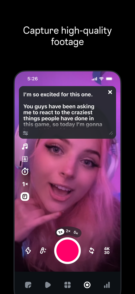 Interface móvel do aplicativo Edits capturando vídeo de alta qualidade com um teleprompter