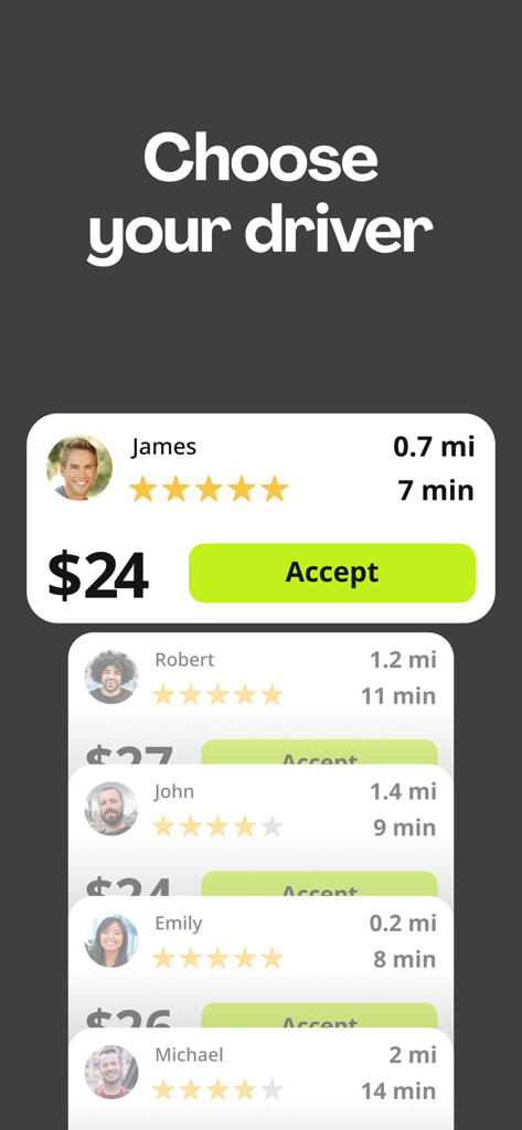 모바일 앱 인터페이스는 사용자가 선택할 수 있도록 평점, 가격, 거리가 있는 운전자 목록을 보여줍니다.