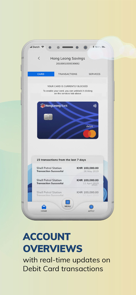 Hong Leong Connect Cambodia - Pantalla de resumen de cuenta que muestra transacciones con tarjeta de débito en la aplicación de banca móvil Hong Leong Connect Cambodia.