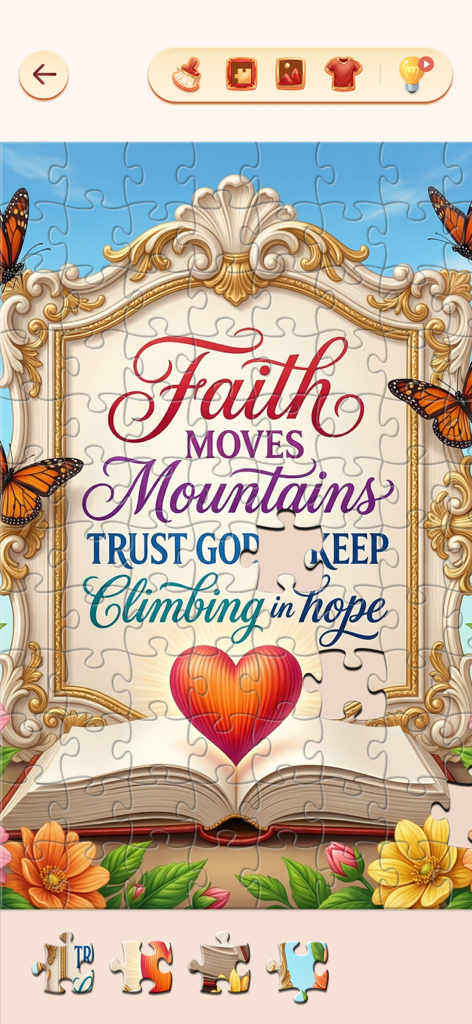 Bible Jigsaw Puzzles - Un puzle de jigsaw digital con una cita inspiradora sobre la fe y una Biblia abierta
