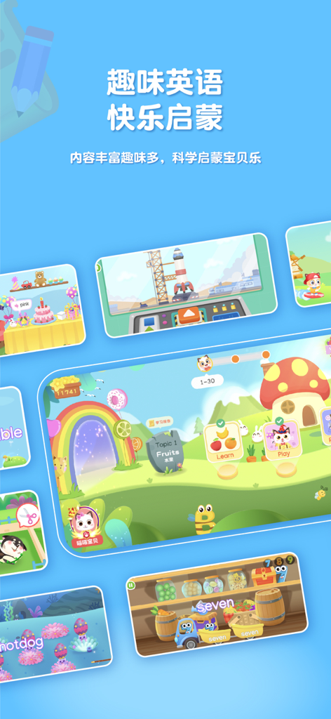 Overview of the Meow Meow Kids English app showing various gamified learning levels and vocabulary topics.