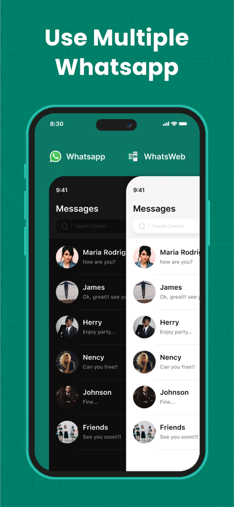 WT Web - Dual Chat - Interfaz de la aplicación WT Web mostrando dos cuentas de WhatsApp en una sola pantalla móvil