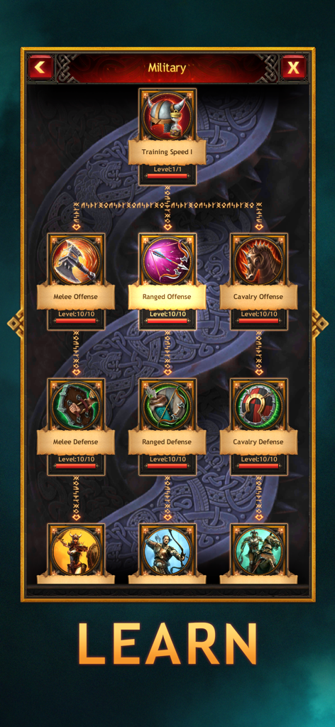 A screenshot of the military skill tree in Vikings War of Clans showcasing unit offense and defense upgrades