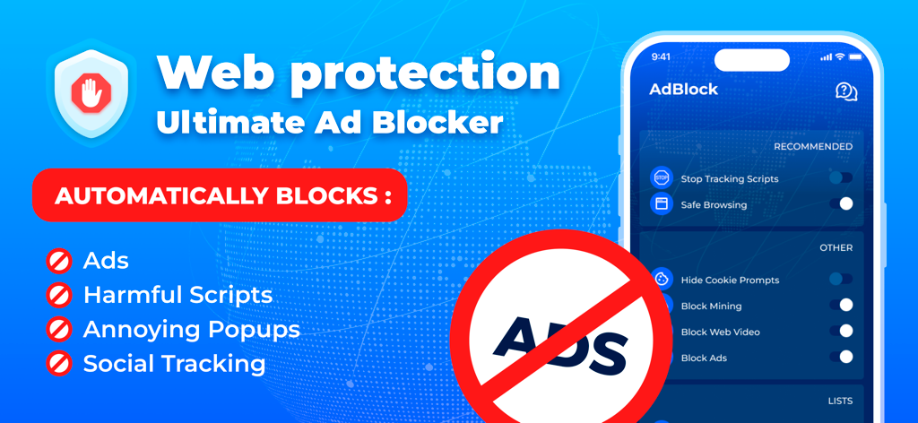 iSecurity app interface showing web protection and ultimate ad blocker features