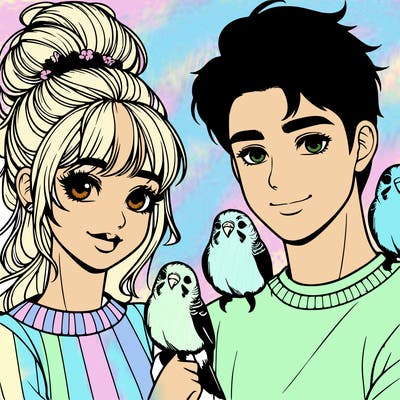 a pretty 10 year old blonde girl with her boyfriend who has stunning brown hair with there 2 beautiful birds