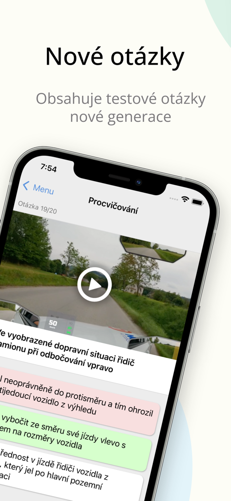A mobile screen showing a driving school practice test with a video-based traffic question