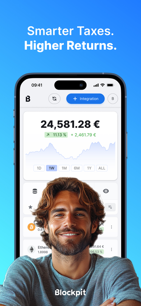 Blockpit: Taxes & Portfolio - Interfaccia dell'app Blockpit su iPhone che mostra un portfolio crypto con un utente sorridente