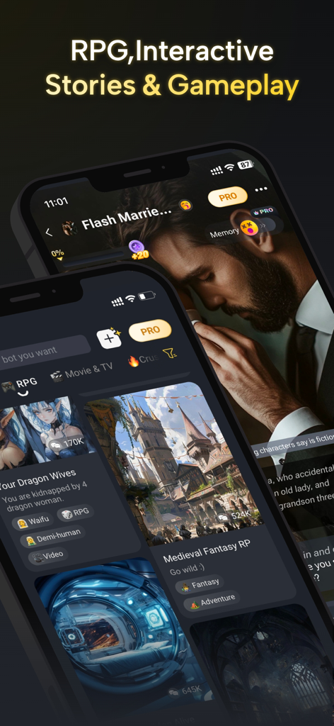 Interface de Fantasia AI montrant différentes options de RPG et d'histoires interactives pour le jeu de rôle.