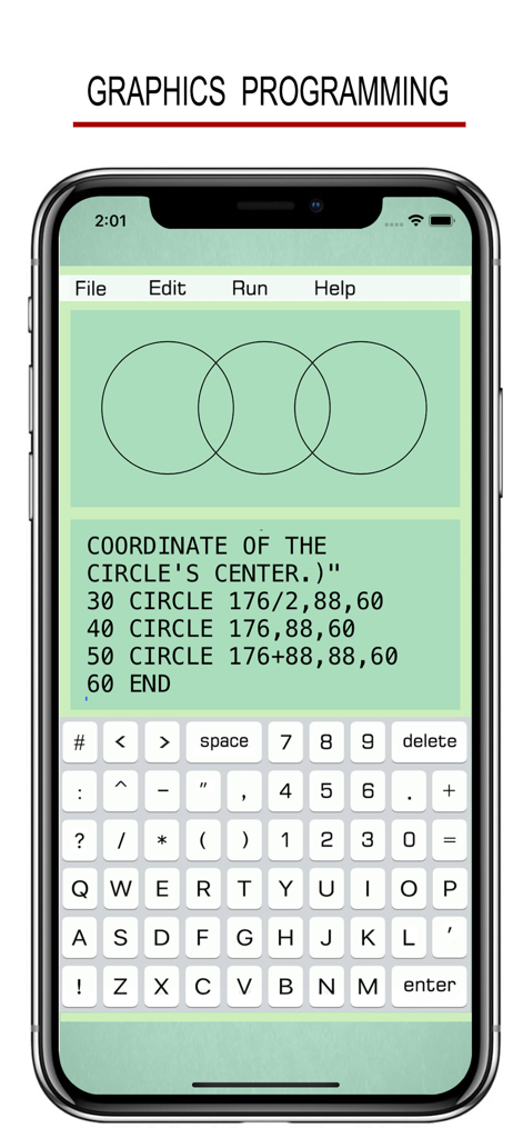 BASIC - Programming Language - 緑色の背景に3つの重なり合う円を描くためのコードを表示するBASICプログラミングアプリのインターフェース。