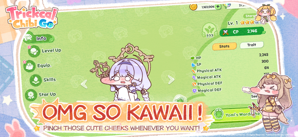 Gameplay-Screenshot von Trickcal Chibi Go, der Charakterstatistiken und die Wangen-Quetschfunktion anzeigt.
