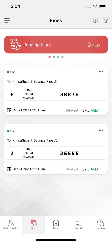 Screen from the DARB app showing a list of paid traffic fines and a zero pending fines balance.