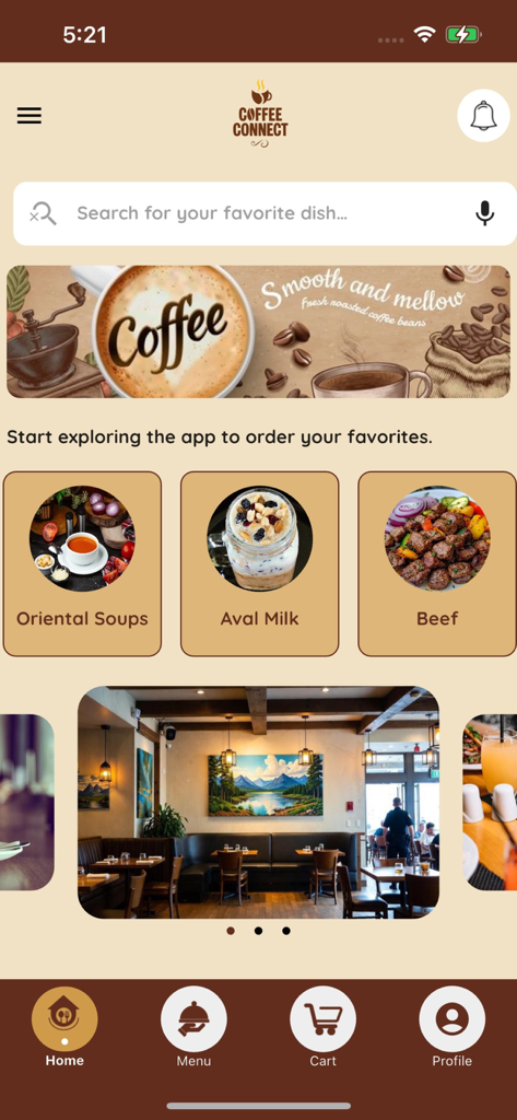 Coffee Connect Resto - cafe - Pantalla de inicio de la app Coffee Connect Resto mostrando categorías de alimentos y banner de café.