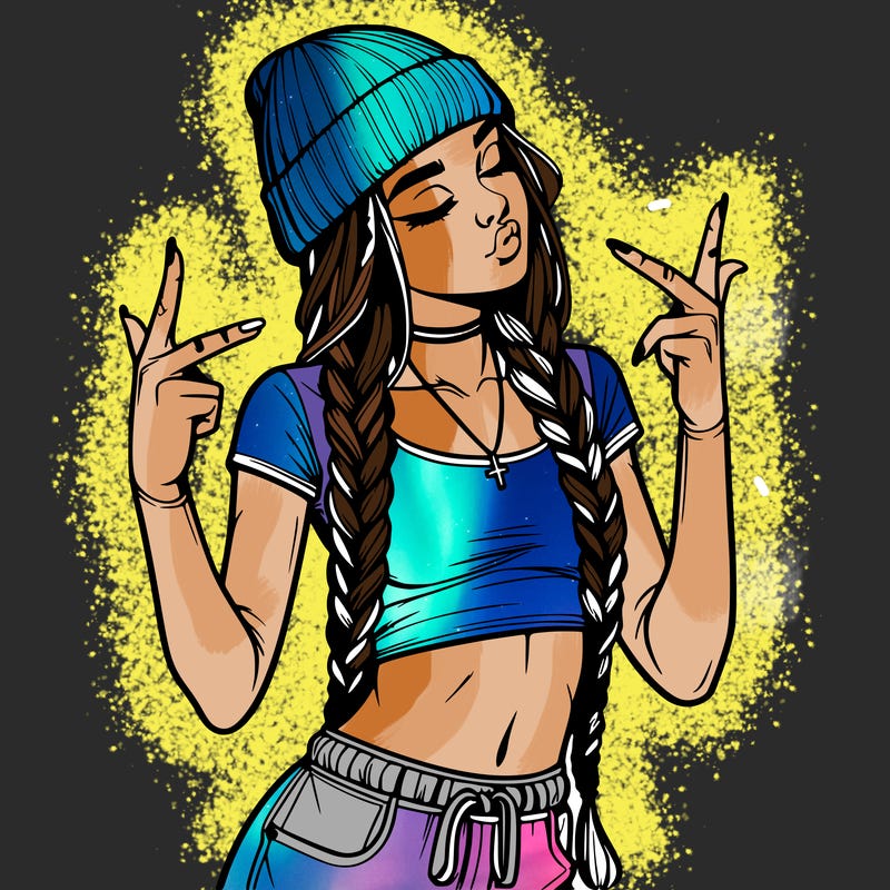 realistic teenage girl with braids and a beanie and crop top doing 🫶🏼