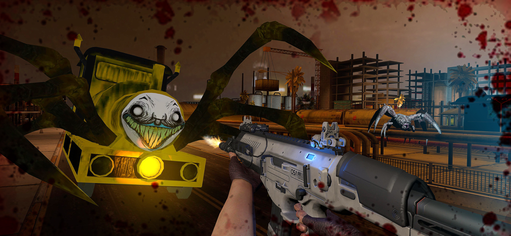 First-person shooter view of a player aiming a rifle at a yellow monster spider train