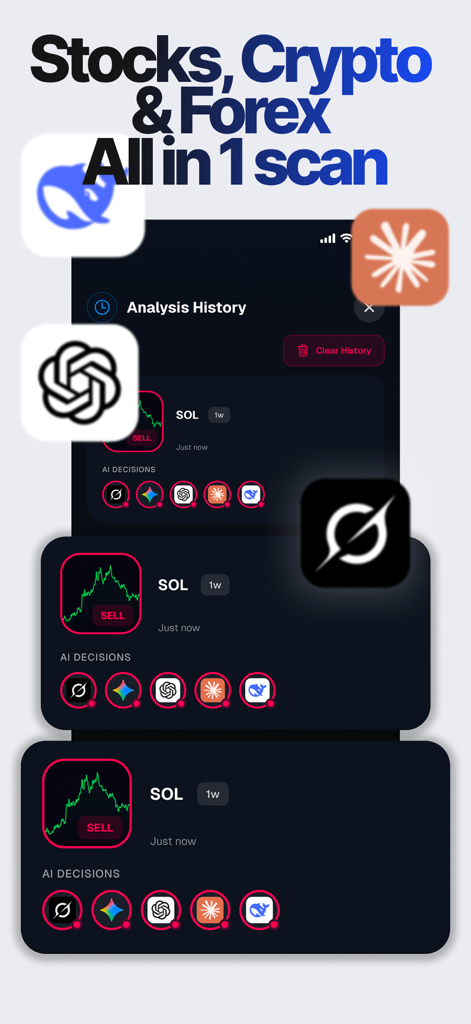 Chart AI – Trading Scanner - Chart AI app interface showing scan history for stocks crypto and forex with AI generated trading decisions