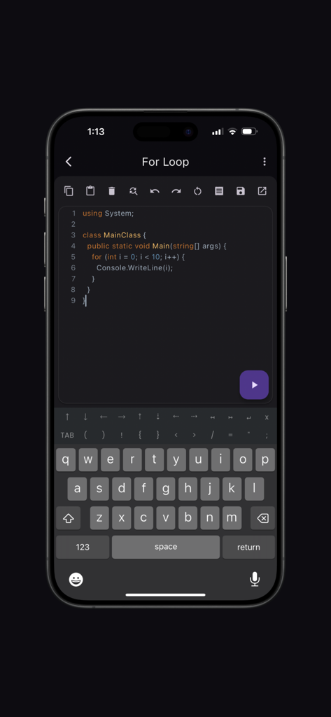 C# Compiler - C# Compiler mobile app showing a code editor with a for loop snippet and a specialized coding keyboard.