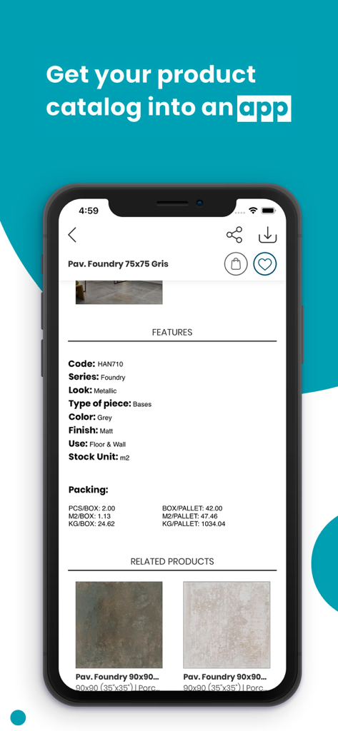 Mobile screen showing technical specifications and packing details for a product in the digital catalog app.