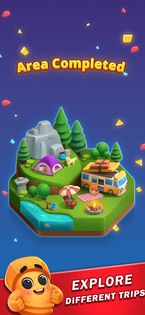 Completed camping theme area in Nuts Sort Master puzzle app.