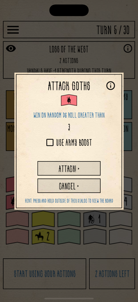 Attack Goths combat dialog screen in the Constantinople historical strategy game showing a random D6 roll requirement.