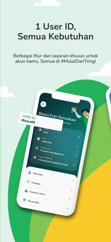 Tring by Pegadaian app user profile screen displaying account loyalty levels points and financial settings in Indonesian
