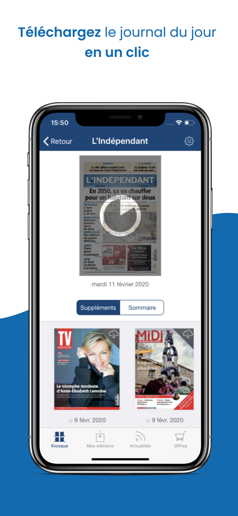 L'Indépendant Le Journal - L'Indépendantモバイルアプリのインターフェース。日刊新聞と雑誌の付録が表示されたキオスクビュー。