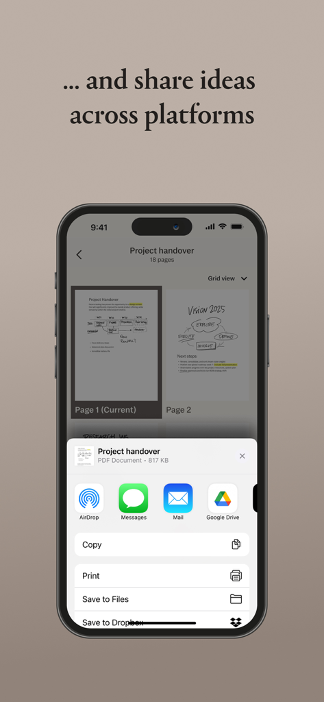 iPhone-Bildschirm mit dem reMarkable Mobile App-Freigabemenü mit Optionen zum Senden eines Projektabschlussdokuments über AirDrop, Nachrichten, Mail oder Google Drive.