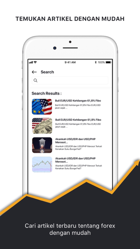 Search interface of the Forex Indonesia app showing trading news and analysis