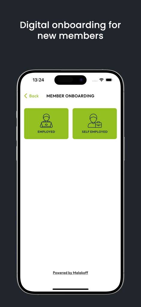 n-kash - Pantalla de incorporación de miembros de la aplicación n-kash mostrando opciones de estado laboral