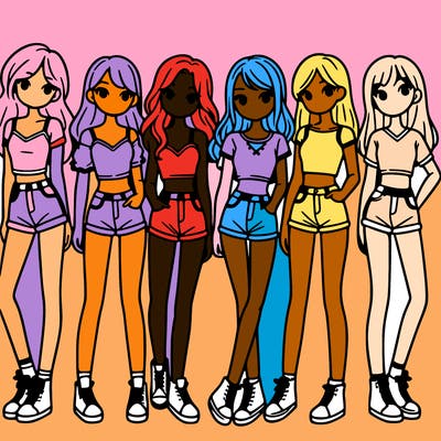 a group of girls wearing crop tops and shorts
