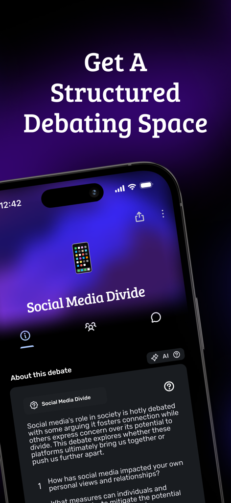 Apol app interface showing a structured debate space for the topic Social Media Divide.