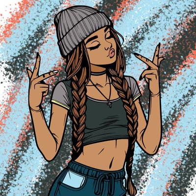 realistic teenage girl with braids and a beanie and crop top doing 🫶🏼