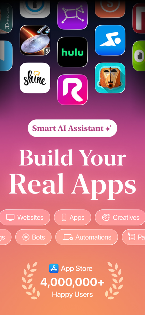 Lovable AI App Builder Pro - Main screen of Lovable AI App Builder Pro featuring a smart AI assistant for building apps and websites with social proof