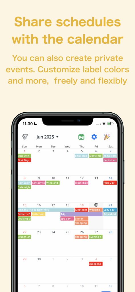 A shared monthly calendar view in the ienon app featuring colorful event labels for families and couples.