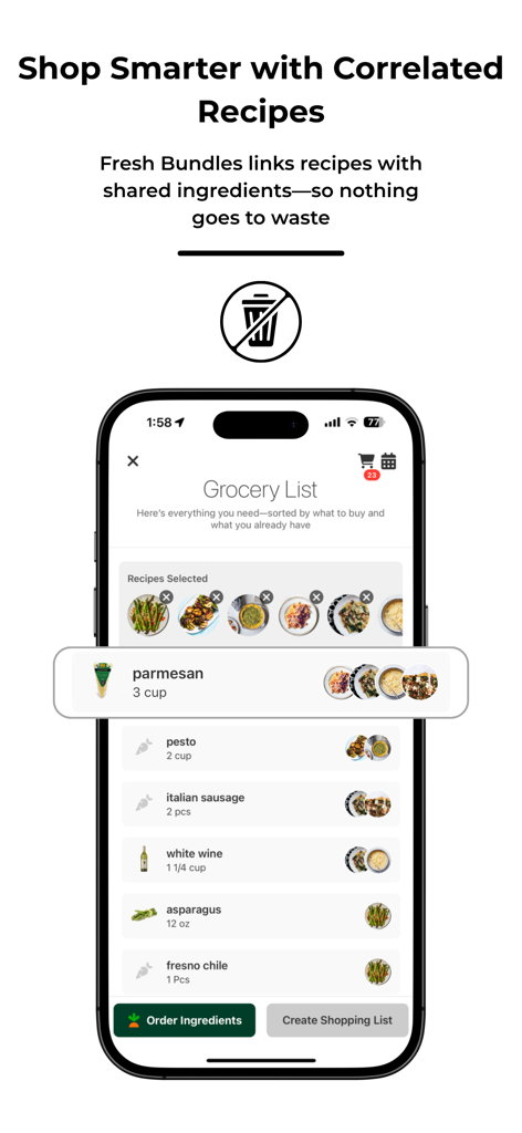 Fresh: Your Personal Chef - Interfaz de la lista de compras inteligente de la aplicación Fresh que agrupa ingredientes de múltiples recetas para reducir el desperdicio de alimentos.