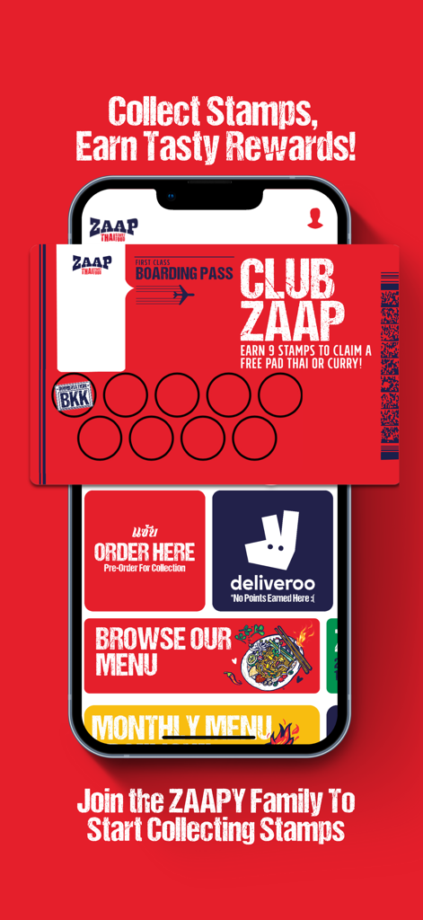 Club ZAAP mobile app interface showing a digital loyalty stamp card and food ordering menu