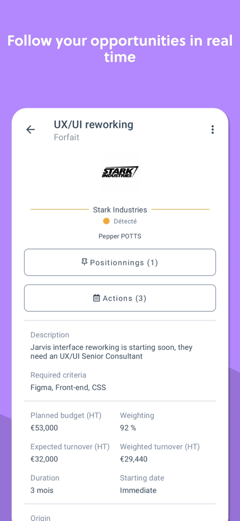 Boond 앱 인터페이스로, 예산 및 직원 세부 정보가 포함된 Stark Industries의 프로젝트 기회를 보여줍니다.