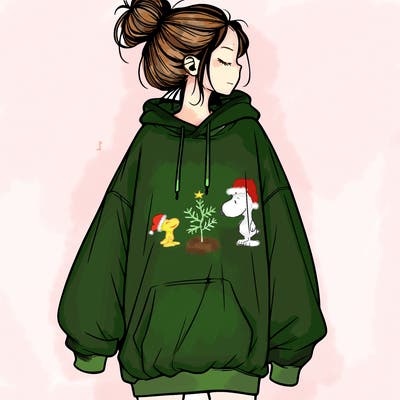 realistic girl with a oversized sweatshirt on and a bun