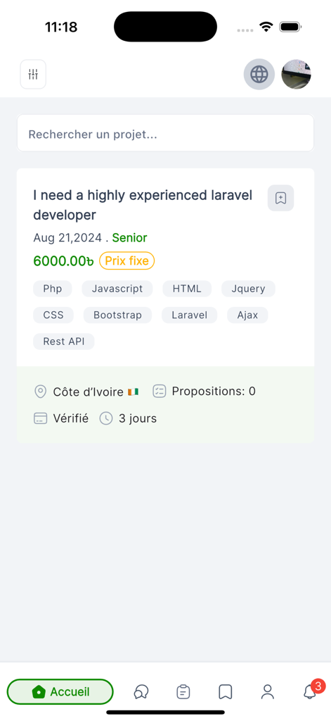 Kunative pour Freelances - Annonce d'emploi pour un développeur Laravel sur l'interface mobile de l'application freelance Kunative