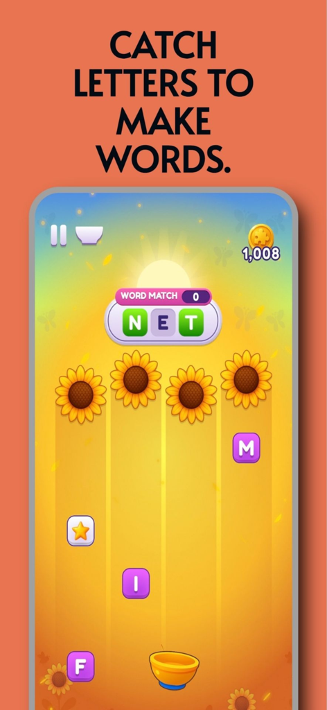 Una pantalla de juego móvil de Worde Flow que muestra letras cayendo por carriles a través de girasoles en un cuenco para deletrear palabras.