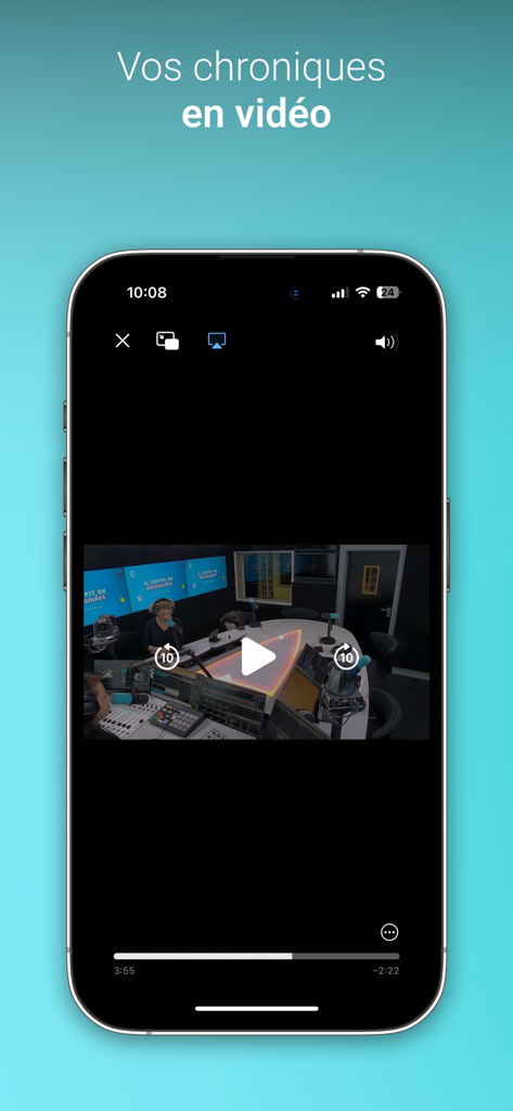 Radio Lac - Smartphone screen of Radio Lac app playing a video chronicle from a radio studio