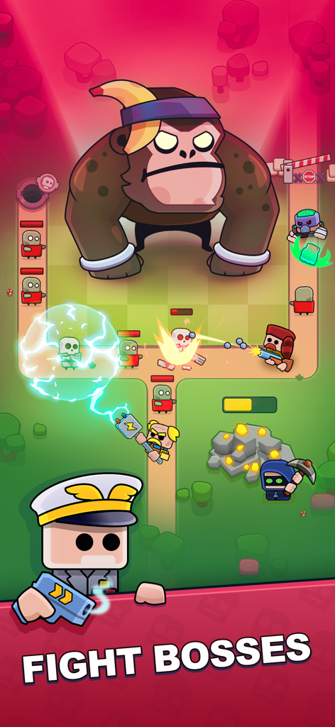 Survival Arena: Tower Defense - Captura de pantalla de gameplay de Survival Arena Tower Defense mostrando a héroes luchando contra un jefe gorila gigante y oleadas de zombis