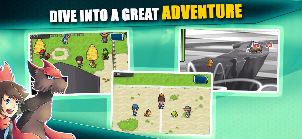 Gameplay screenshots of EvoCreo featuring monster exploration and 2D RPG adventure scenes.